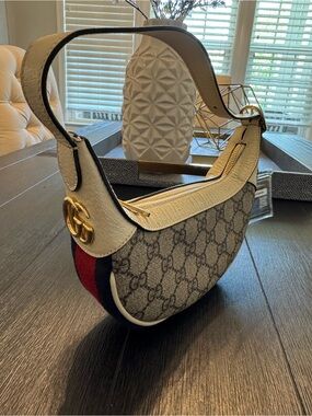Gucci Ophidia White Canvas Small Shoulder Bag with Red & Navy Stripe